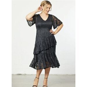 Kiyonna Black Lace Tiered Midi Dress